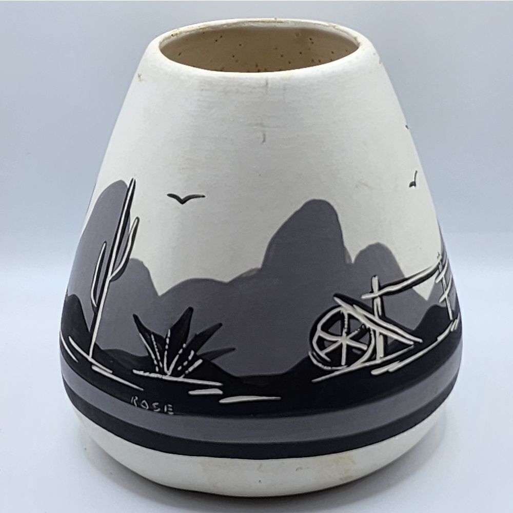Signed Rose Hand Painted Native American Pottery Vase Southwestern Cactus Scene